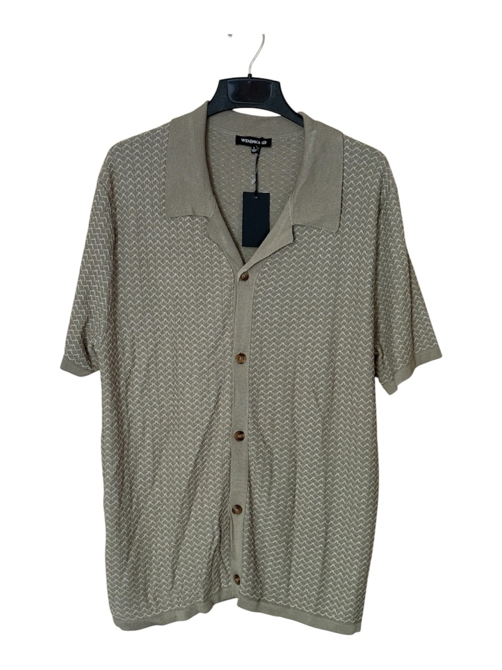 NWT WINWARD Men L Knit Camp Collar Button Down Textured Short Sleeve Shirt Olive